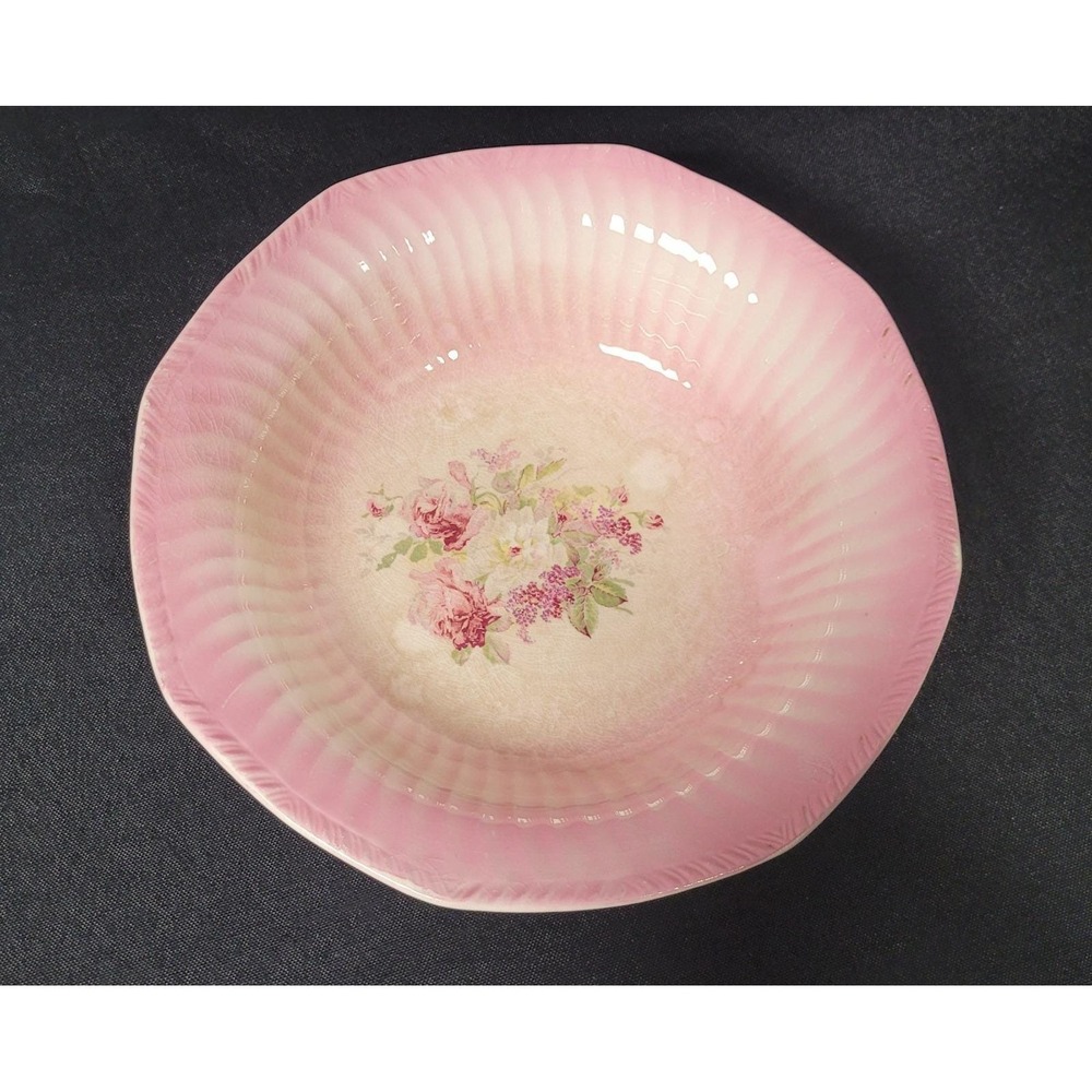 Thompson China Pink White 9-inch Ribbed Serving Bowl Floral Rose Vintage 1930s